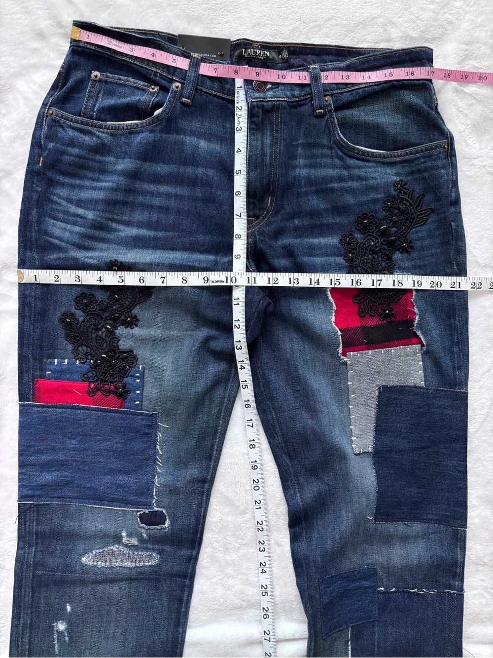 LAUREN RALPH LAUREN Patchwork Relaxed Tapered Lace Plaid Straight Jean--NWT--30 - Picture 15 of 16